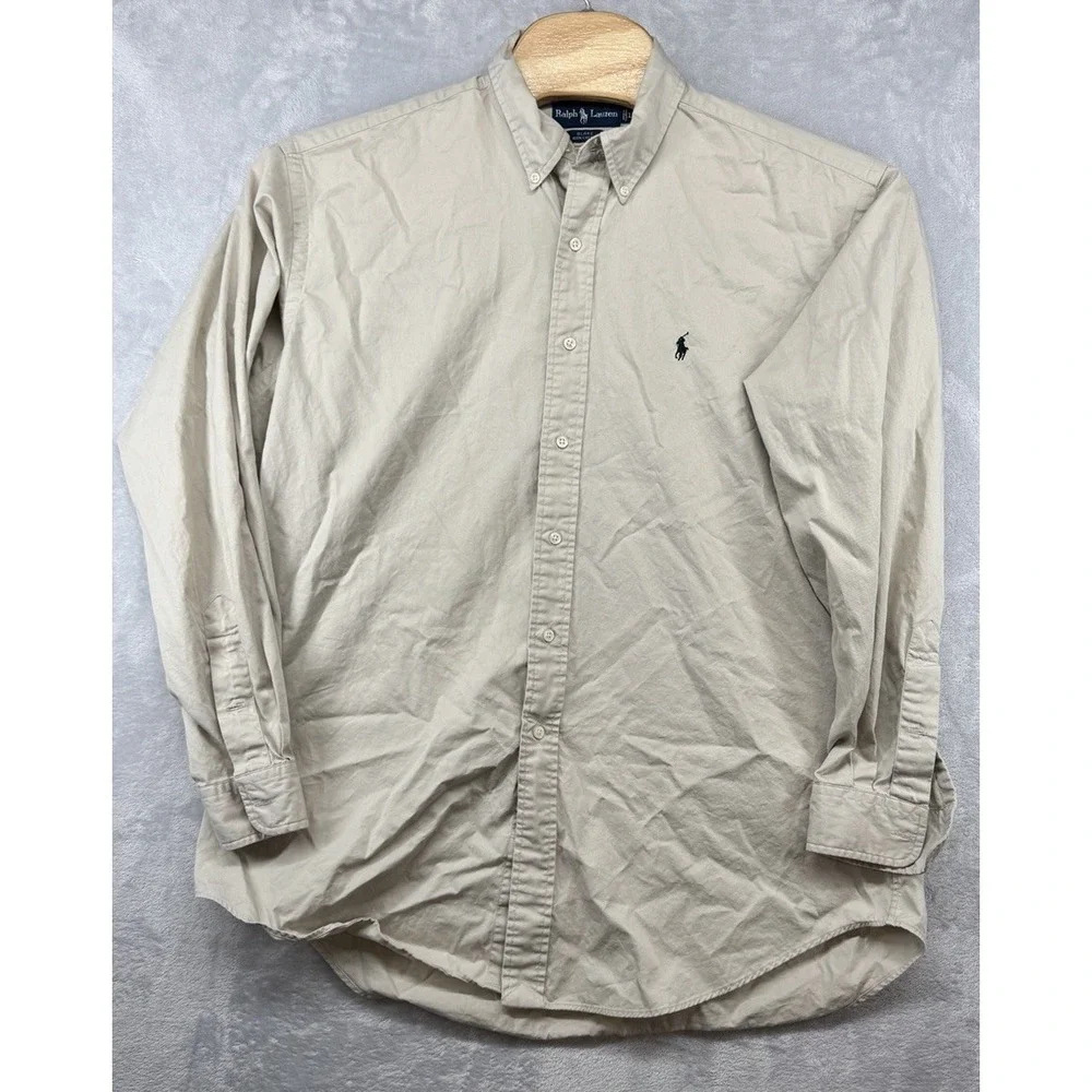 Polo‎ Ralph Lauren Blake Shirt Beige Cotton Button Down Long Sleeve Men's L READ